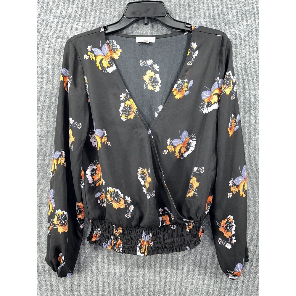 Socialite Blouse Women's Sz S Floral Wrap Black Long Sleeve Elastic Chiffon Top‎